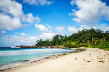 Fototapeta na wymiar beautiful paradise tropical beach,palms,rocks,white sand,turquoise water, seychelles 12