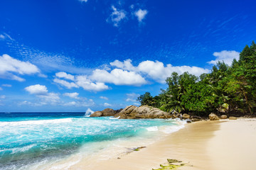 Beautiful tropical beach,palms,white sand,granite rocks,seychelles 19