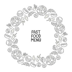Fast food menu. Burger, hot dog, milkshake. Round frame - wreath. Isolated vector pattern.