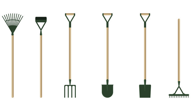 Gardening equipment - set of six items - shovels, rakes, forks - flat style - vector