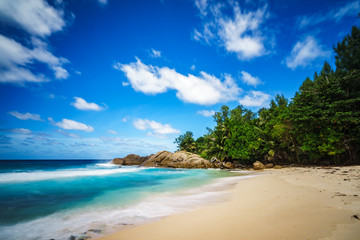 beautiful paradise tropical beach,palms,rocks,white sand,turquoise water, seychelles 35