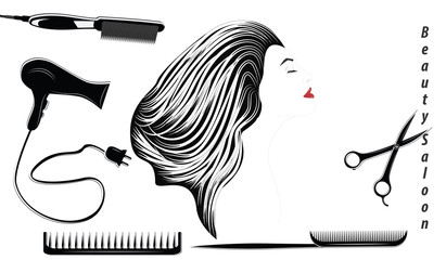 Beauty salon logo - beautiful elegant female profile and hairdresser tools - flat style, isolated on white background - vector