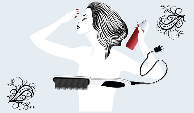 Stylish, elegant woman doing her hair style - electric hairbrush and hairspray - flat style, isolated on light background - vector. Beauty Salon Logo