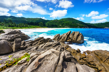 Fototapeta na wymiar rocks at wild tropical beach with palms,white sand and turquoise water, seychelles 3