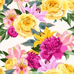 Seamless pattern with pink and yellow flowers