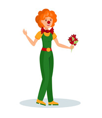 Funny Clown Holding Flowers Vector Illustration