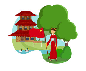 Woman from China Flat Color Vector Illustration
