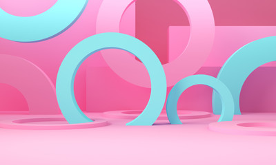 Pink and blue geometric shapes. Cube and cylinder. Abstract background. 3d rendering.