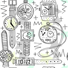 Vector illustration. Seamless pattern of different clocks in Doodle style