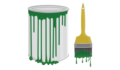 A can of green paint - flowing drops - paint brush - isolated on white background - vector.