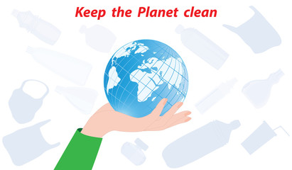 Globe in female hand - silhouettes of plastic bags, bottles - isolated on white background - vector. Keep the planet clean