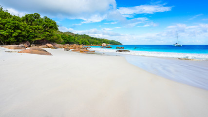 Paradise beach.White sand,turquoise water,palm trees at tropical beach,seychelles 37