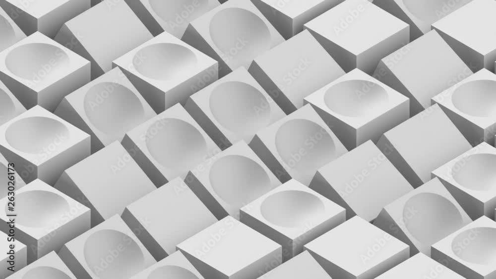 Poster 3d render abstract background with loopable animation of randomly rotated cubes. some cubes has sphe