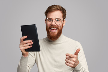 Happy male programmer rating app