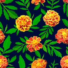 Rolgordijnen seamless pattern of flowers bright orange marigolds with green leaves on dark blue background © MARYNA