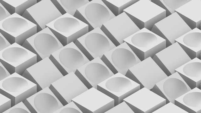 3d render abstract background with loopable animation of randomly rotated cubes. Some cubes has sphere hollow.