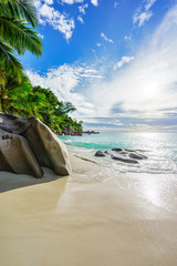 Paradise tropical beach with rocks,palm trees and turquoise water in sunshine, seychelles 4