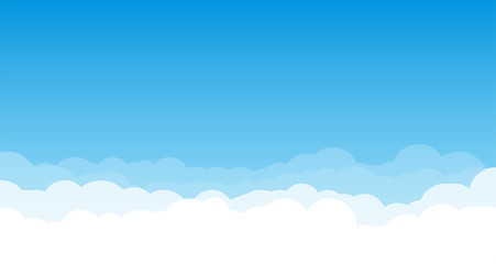 Sky with clouds wide background. Blue sky with white clouds on background. Cartoon, flat style background of sky and clouds. Spring and summer light blue cloudscape. 