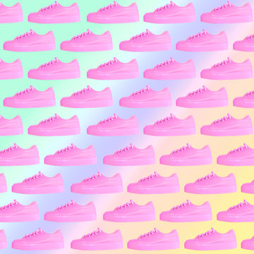 Modern art collage of fashionable pink sneakers. Awesome pattern on rainbow gradient background