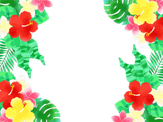 ハイビスカスと南国の植物のイラストフレーム、水彩風