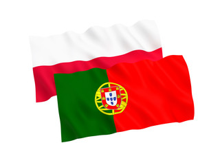 National fabric flags of Poland and Portugal isolated on white background. 3d rendering illustration. 1 to 2 proportion.