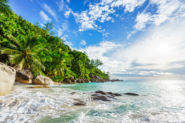 Paradise tropical beach with rocks,palm trees and turquoise water in sunshine, seychelles 27