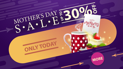 Modern horizontal mother's day discount banner for website with cup of tea with cupcake