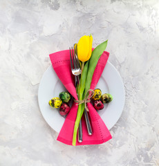 Easter background. table setting with spring flowers