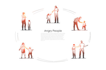 Angry people - angry women and men with children showing negative emotions vector concept sets