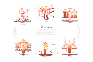Fototapeta premium Countries - Egypt, Greece, USA, Turkey, Mexico, India vector concept set