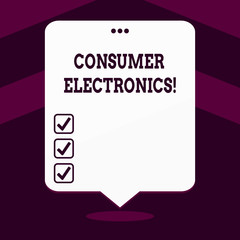 Writing note showing Consumer Electronics. Business concept for consumers for daily and noncommercial purposes White Speech Balloon Floating with Three Punched Hole on Top