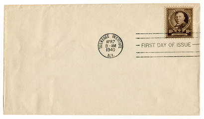 Tuskegee Institute, Alabama, The USA  - 7 April 1940: US historical envelope: cover with brown postage stamp Booker T. Washington, postal cancellation  first day of issue
