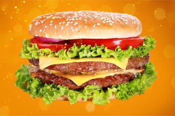 Tasty hamburger on white background, menu for cafe and fast-food restaurant