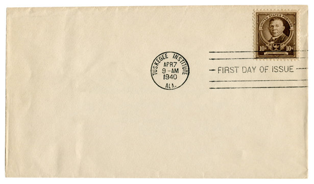 Tuskegee Institute, Alabama, The USA  - 7 April 1940: US Historical Envelope: Cover With Brown Postage Stamp Booker T. Washington, Postal Cancellation  First Day Of Issue