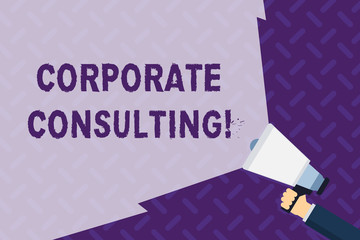 Text sign showing Corporate Consulting. Business photo showcasing growth and to improve overall business perforanalysisce Hand Holding Megaphone with Blank Wide Beam for Extending the Volume Range