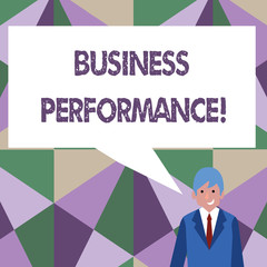 Writing note showing Business Perforanalysisce. Business concept for determining how the business can reach better its goals Businessman Smiling and Talking Blank Color Speech Bubble