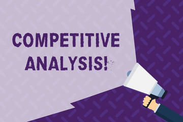 Text sign showing Competitive Analysis. Business photo showcasing Strategic technique used to evaluate outside competitor Hand Holding Megaphone with Blank Wide Beam for Extending the Volume Range