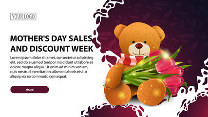Mother's day sales and discount week, modern horizontal discount banner with a modern texture and Teddy bear with a bouquet of tulips
