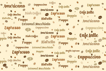 Coffee bean icons and names background. Types of coffee drinks, seamless pattern for walls, menus and posters.