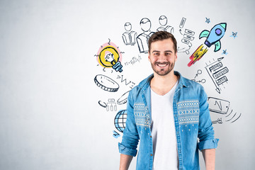 Smiling man and startup idea sketch