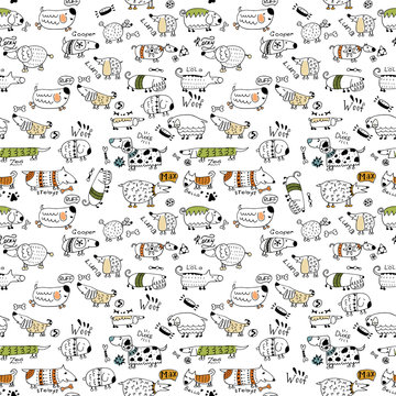 Doodles with cute dogs. Seamless vector pattern in Doodle style © Алена Малашкевич