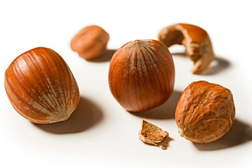 Some shelled hazelnuts with shell fragments around them, isolated on a white background