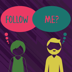 Conceptual hand writing showing Follow Me Question. Concept meaning go or come after demonstrating or thing proceeding ahead Bearded Man and Woman with the Blank Colorful Thought Bubble