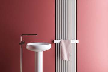 Sink close up in pink bathroom interior