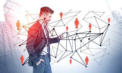 Serious man with phone, social connection
