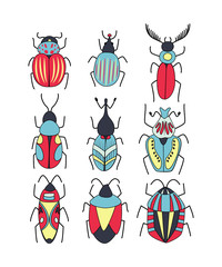 Fototapeta premium Cute vector set of different doodl bugs and beetles. Vector design insect collection