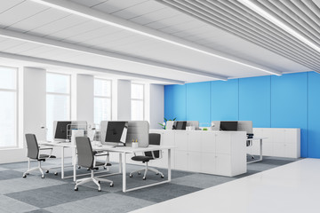 Comfortable white and blue open space office