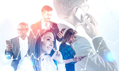 Business team with phones, stock market analysis