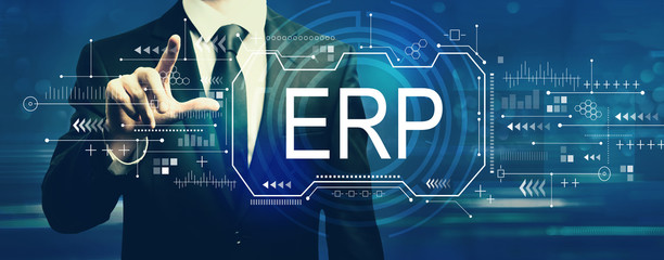 Enterprise resource planning with businessman on a dark blue background - obrazy, fototapety, plakaty