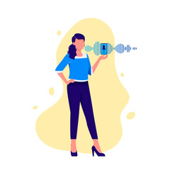Personal assistant and voice recognition. Woman talking to smartphone with microphone and sound imitation line on background. Modern technologies. Flat vector illustration.